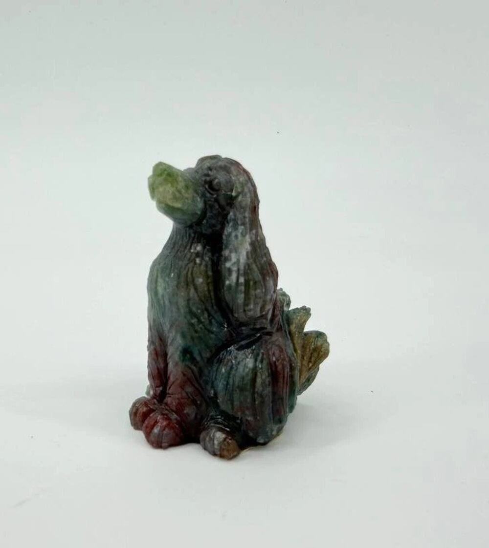 Carved Stone ? Dog Figurine Multicolor Green Red Decorative Animal Statue